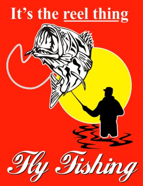 Fly fisherman catching largemouth bass with fly reel clipart