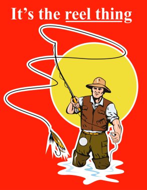 Fly fisherman casting reel with fishing lure bait clipart