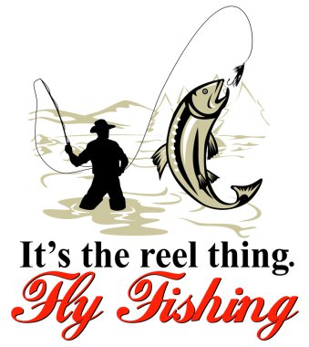 Fly fisherman catching trout with fly reel clipart