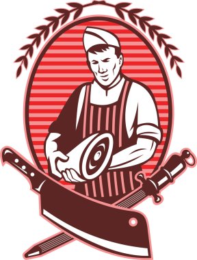 Butcher holding meat knife sharpening tool clipart