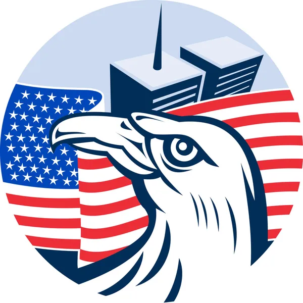 American eagle vlajky a twin věže budovy — Stock fotografie