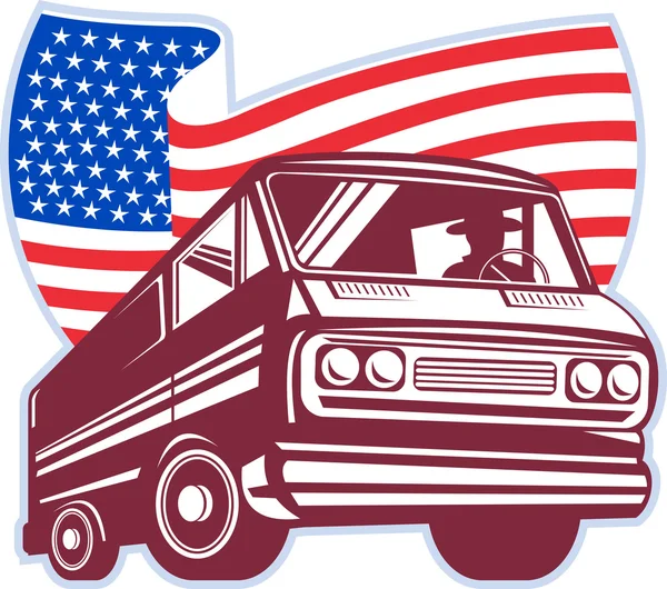 20 世纪 50 年代风格的旅行车与美国国旗 — 图库照片