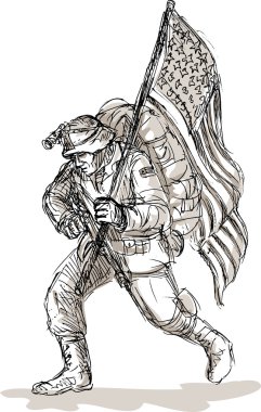 Amerikalı bir asker tüfeği bayrak ile