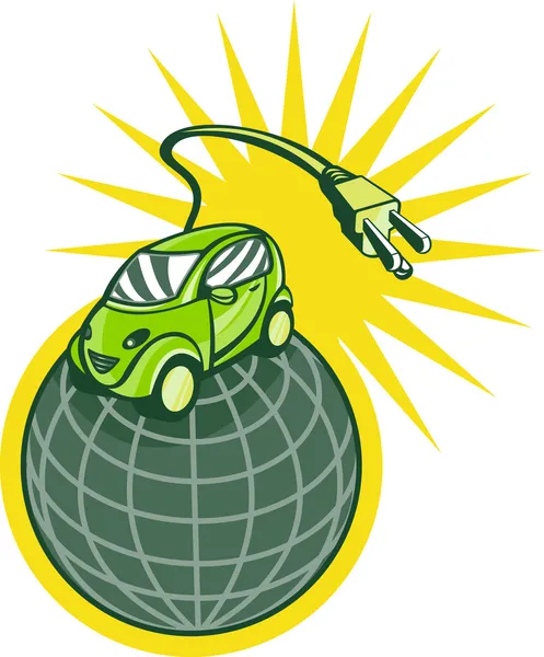 Green electric car on top of world with plug — Stockfoto
