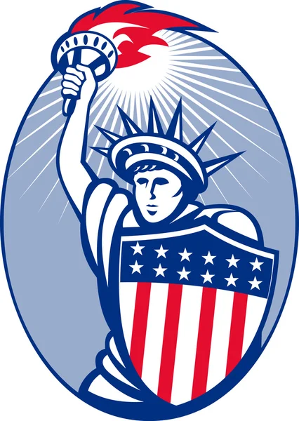 Estátua da liberdade com tocha e escudo — Fotografia de Stock