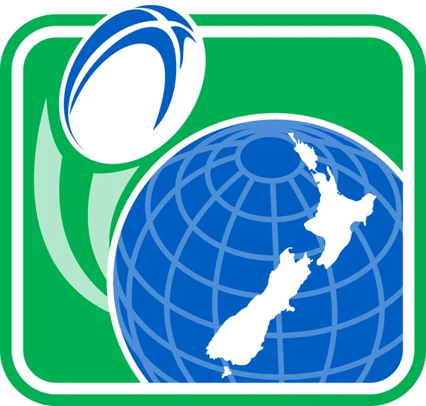 Rugby piłka latające globu z Nowej Zelandii mapę — Zdjęcie stockowe