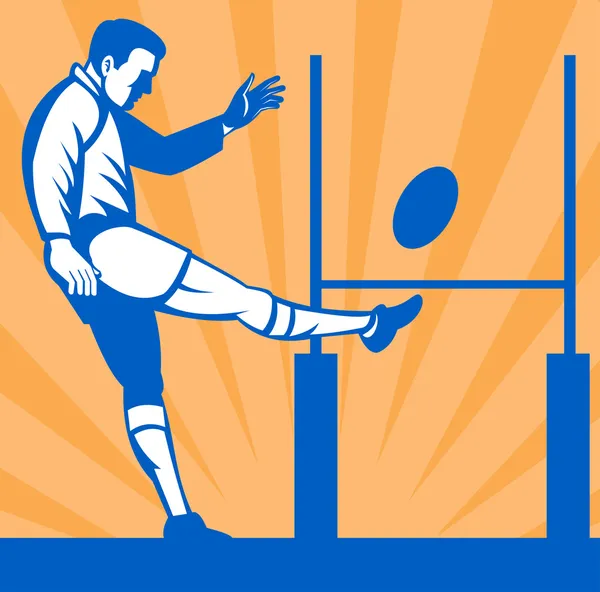 Rugby player kicking ball at goal post — Stock Photo, Image