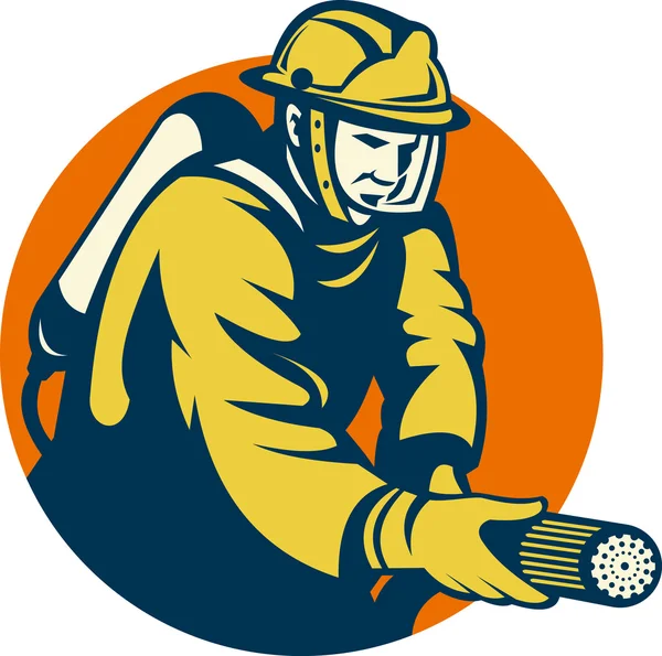 Bombeiro ou bombeiro apontando uma mangueira de incêndio — Fotografia de Stock