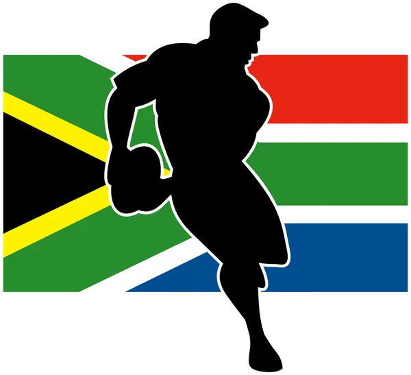 Jogador de rugby correndo com bola bandeira da África do Sul — Fotografia de Stock