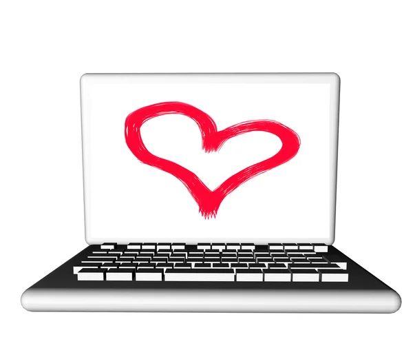 Weißer Laptop Mit Herz Auf Dem Bildschirm Isoliert Über Weiß — Stockfoto