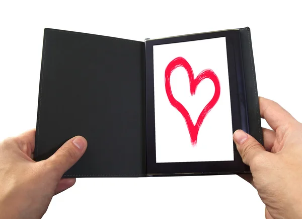EBook čtečka s velkým srdcem na obrazovce — Stock fotografie