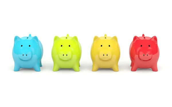 Vier Kleuren Piggy Bank Geïsoleerd Wit — Stockfoto