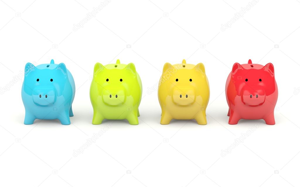 Four colors piggy bank isolated on white