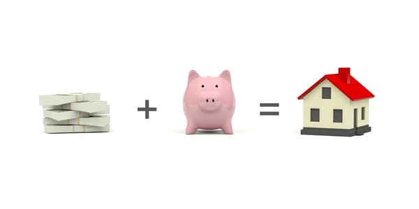 Свинья-банк с деньгами и домом — стоковое фото