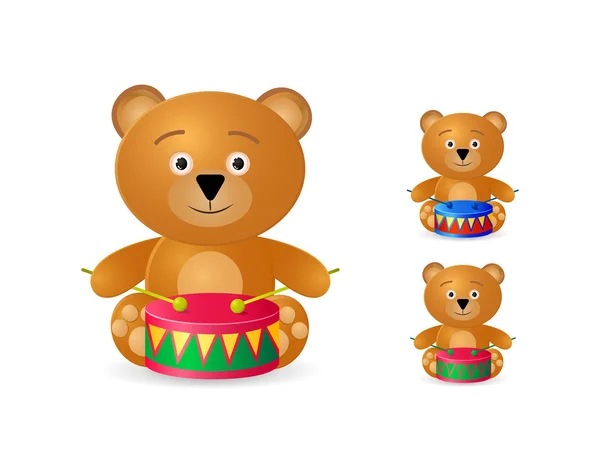 Urso de pelúcia com conjunto de ícones de tambor — Vetor de Stock
