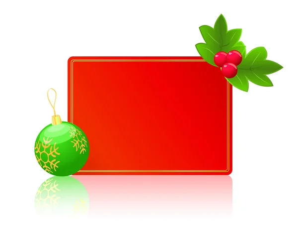 Κόκκινη κάρτα κενό για Χριστούγεννα ή Πρωτοχρονιά με μπάλα και φύλλα — Διανυσματικό Αρχείο