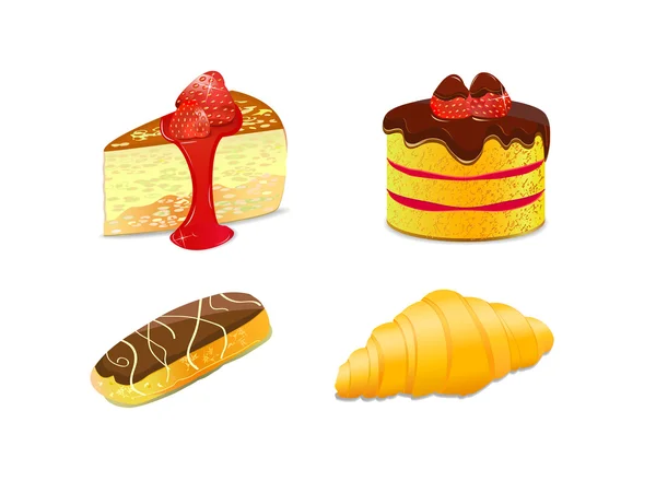 ケーキの図の様々 な。アイコンを設定、エクレール、スライス、クロワッサン — ストックベクタ