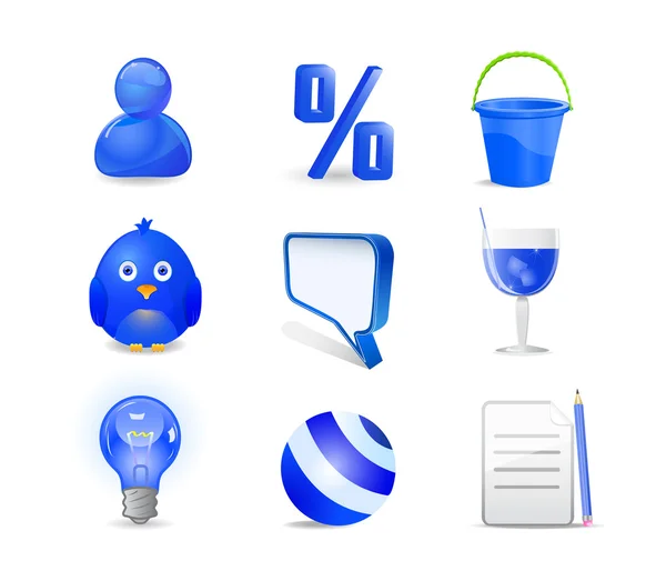 Ensemble d'icônes bleues - utilisateur, pourcentage, seau, oiseau, chat, cocktail, bal — Image vectorielle