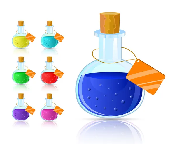 Renkli şişeye simgesi mantar ve etiket seti — Stok Vektör