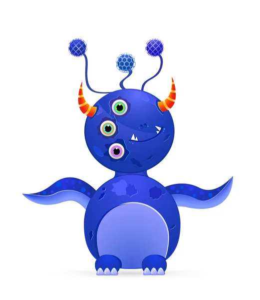Blue cute monster with three eyes and horn — Stock Vector