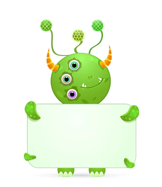 绿色的笑脸怪物和空白的标语牌在白色背景上孤立的向量图 — 图库矢量图片