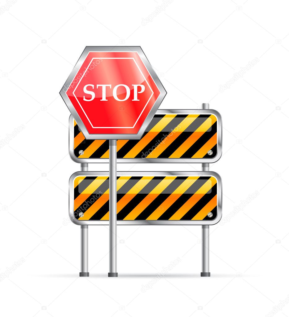 Stop road sign and striped barrier icon isolated on white background