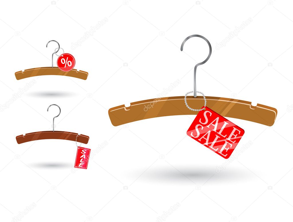 Sale tag attached to clothes hanger icon set isolated on white background