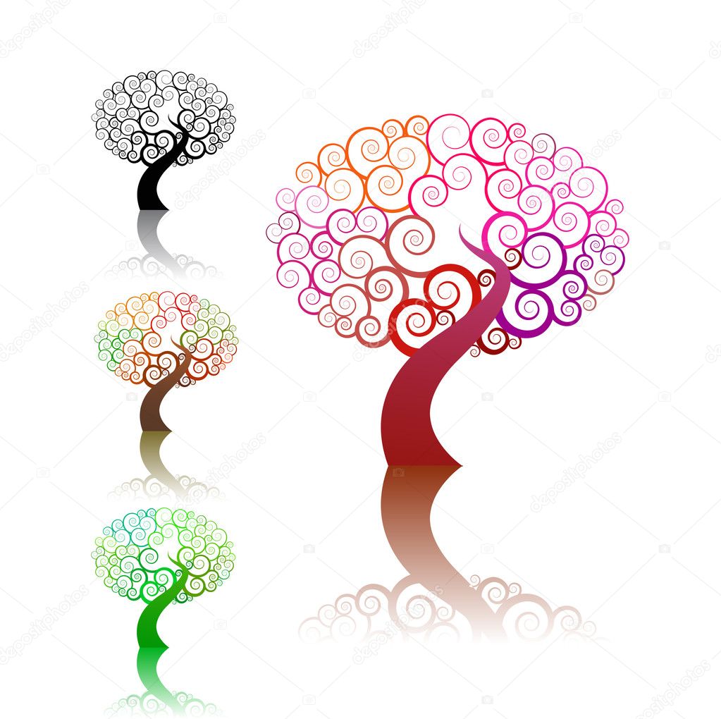 Colorful abstract swirl tree icon set isolated on white background