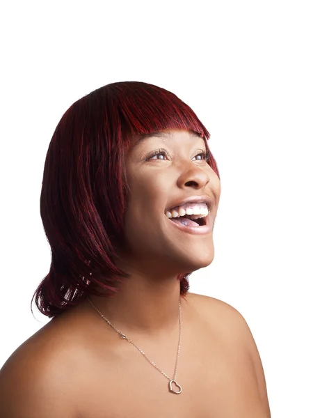 Open mouth smile black woman bare shoulders — Stock Photo, Image