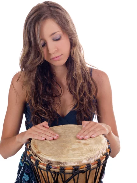 stock image Young teen caucasian girl with hands on drum