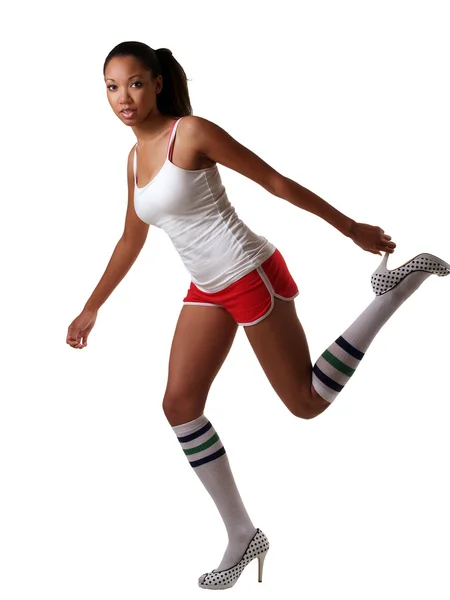 Young Black Woman Standing Red Shorts Heels — Stock Photo, Image