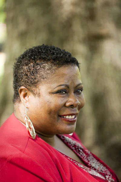 Middle Aged African American Woman Outdoors Portrait Red Top — Stock Photo, Image