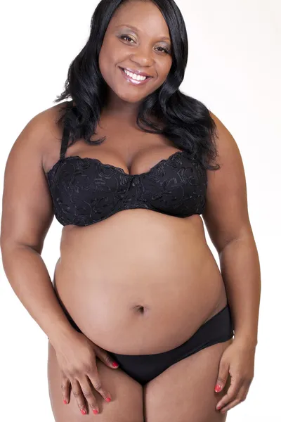 Joven Mujer Embarazada Afroamericana Pie Lencería Negra — Foto de Stock
