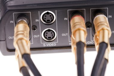 Audio cables plugged into video interface box clipart