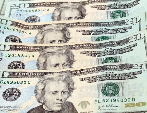 Overlapping US twenty dollar bills arranged vertically — Stock Photo, Image