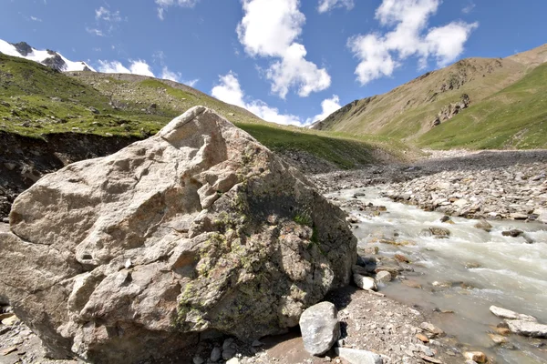 Pedra enorme perto do rio da montanha. Vale do Cáucaso . — Fotografia de Stock