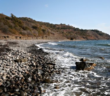 Sea coast with pebbles,stones.Beautiful landscape. clipart