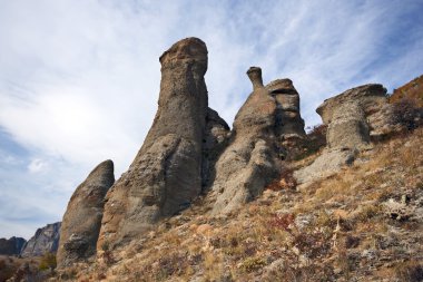 Rocky columns in Crimea mountains.Wild landscape. clipart