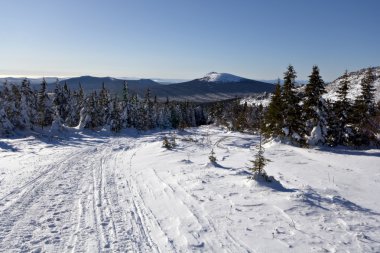 Winter road in forests and mountains.Taiga.Russia. clipart