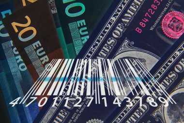 Dollar and Euro banknotes overlaid with barcode abstract clipart