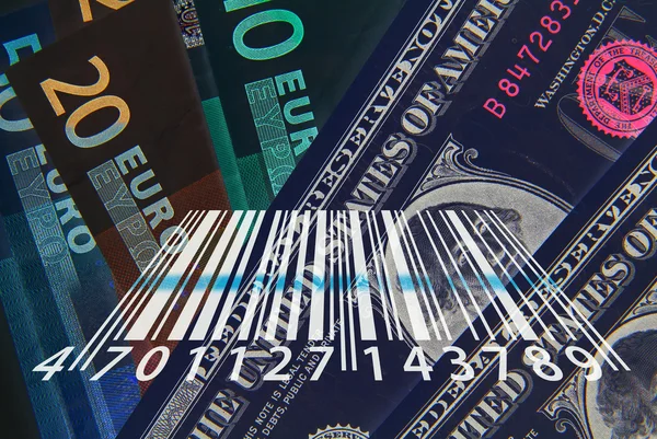 Dollar Euro Banknotes Overlaid Barcode Abstract — Stock Photo, Image