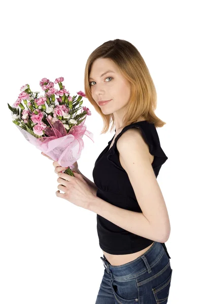 Attractive Casual Slim Young Woman Holding Bouquet Carnation Flowers Isolated — Stock Photo, Image