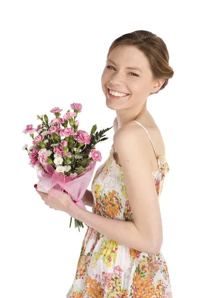 Happy Attractive Young Woman Dress Holding Bouquet Carnation Flowers Isolated — Stock Photo, Image