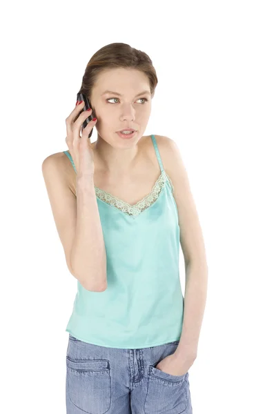 Casual Slim Young Woman Listen Cellphone Looking Right Side Image — Stock Photo, Image