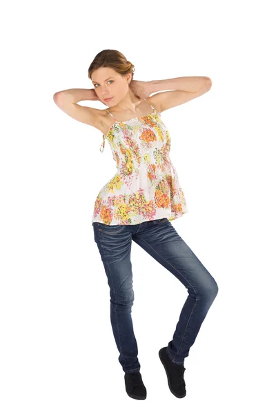 Casual Woman Hands on Neck Pose — Stock Photo, Image