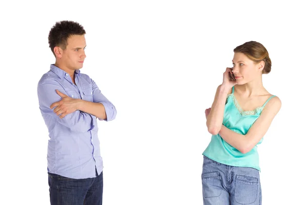 Impatient Man Standing Arms Crossed Looking His Girlfriend Listening Mobile — Stock Photo, Image