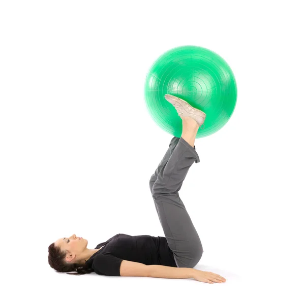 Pretty Young Woman Doing Pilates Exercise Gym Ball Isolated White — Stock Photo, Image