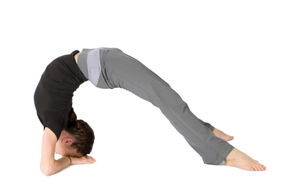 Fit Woman Holding Bridge Stretching Pose Isolated White Background — Stock Photo, Image