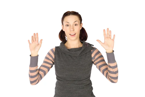 Excited Woman in Hands Up Pose — Stock Photo, Image