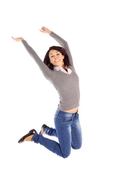 Feliz Alegre Mujer Joven Saltar Aire Aislado Sobre Fondo Blanco —  Fotos de Stock
